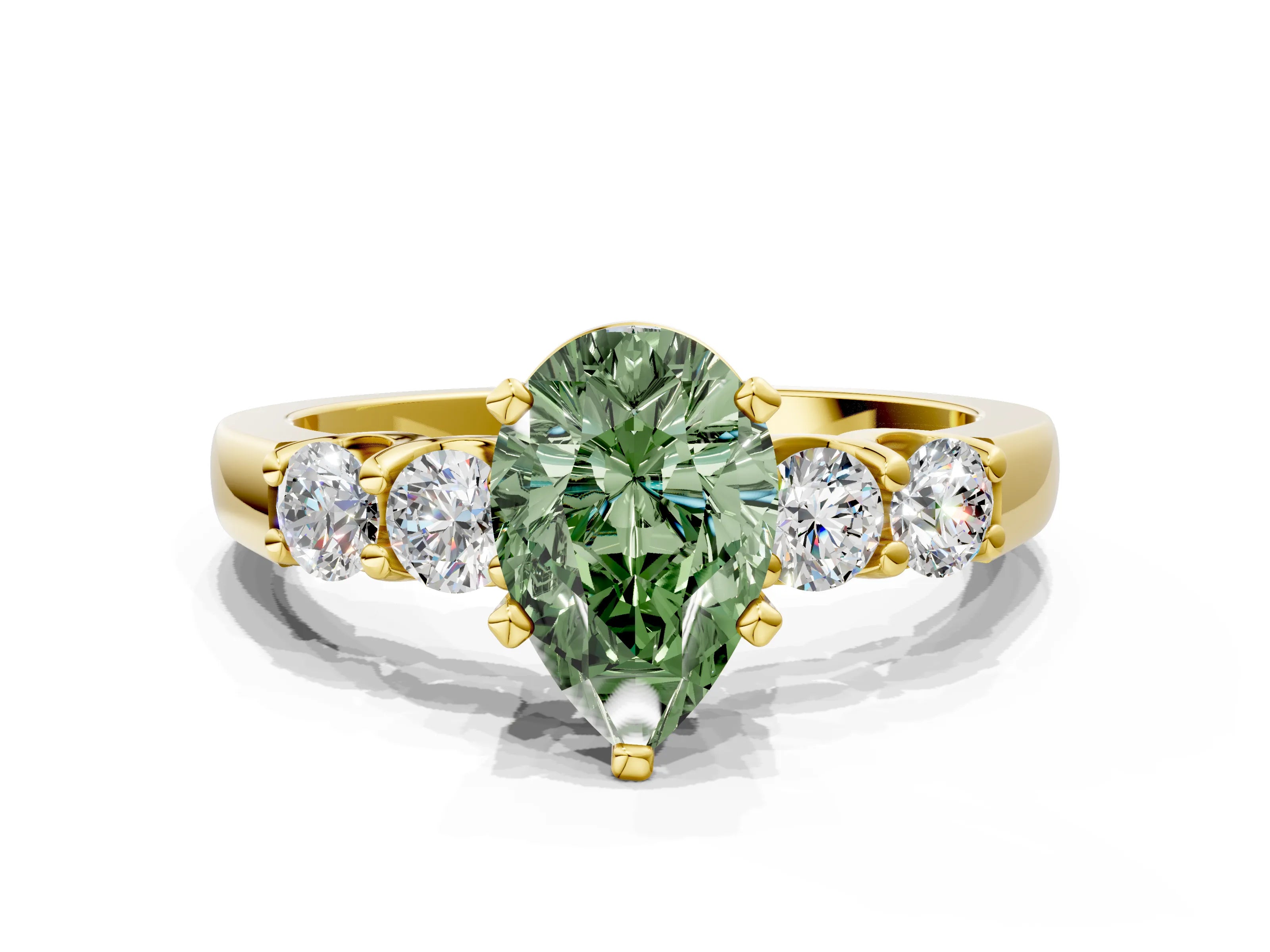 Yellow gold Fancy Green Pear Cut Brilliant Diamond Five-Stone Engagement Ring with Prong Setting on a Classic Band_3