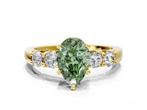 Yellow gold Fancy Green Pear Cut Brilliant Diamond Five-Stone Engagement Ring with Prong Setting on a Classic Band_3