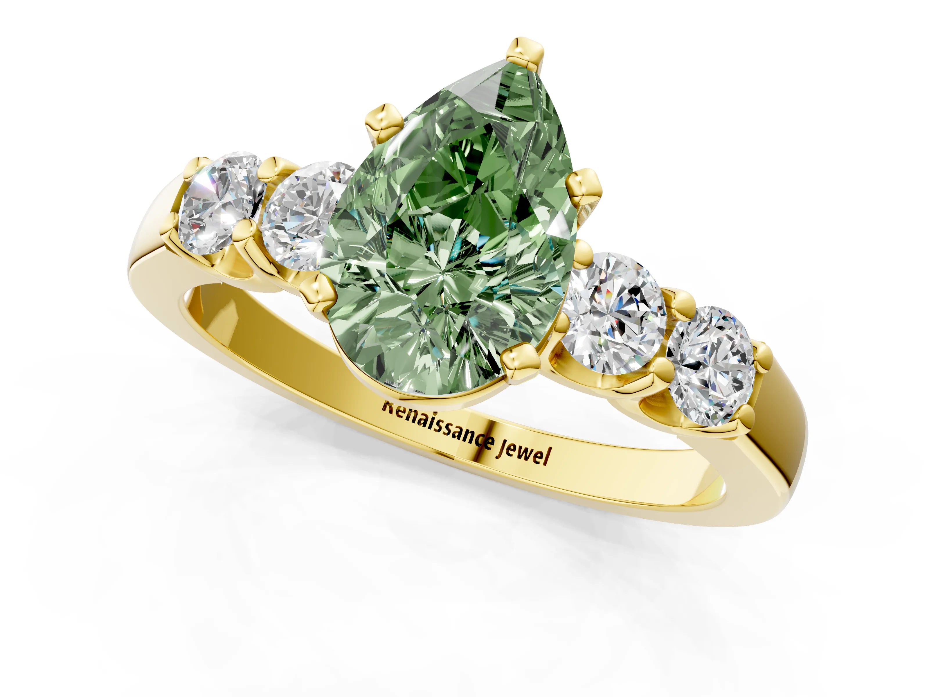 Yellow gold Fancy Green Pear Cut Brilliant Diamond Five-Stone Engagement Ring with Prong Setting on a Classic Band_4