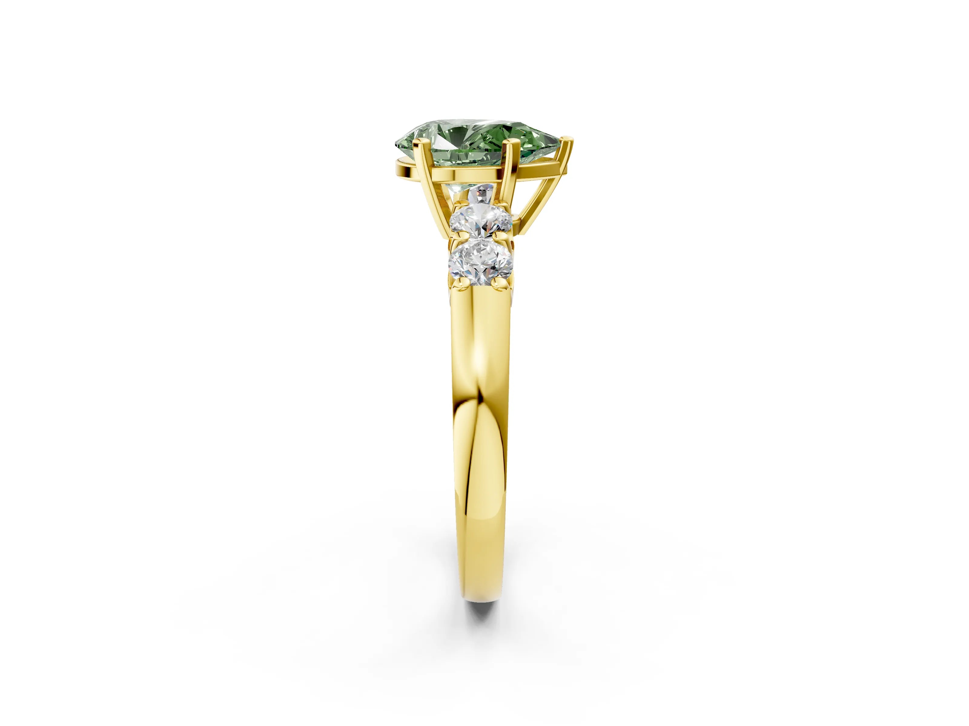 Yellow gold Fancy Green Pear Cut Brilliant Diamond Five-Stone Engagement Ring with Prong Setting on a Classic Band_5