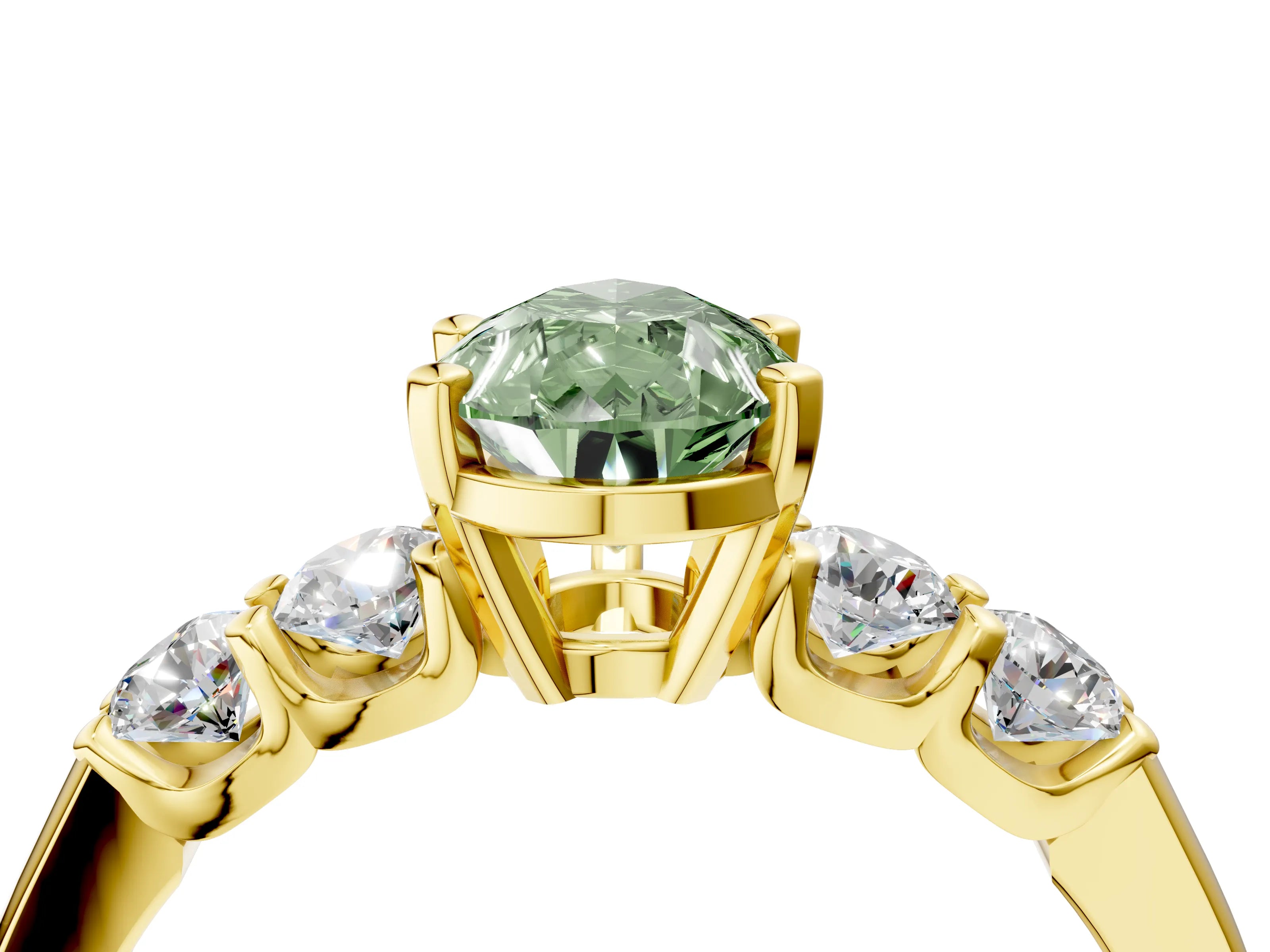 Yellow gold Fancy Green Pear Cut Brilliant Diamond Five-Stone Engagement Ring with Prong Setting on a Classic Band_7