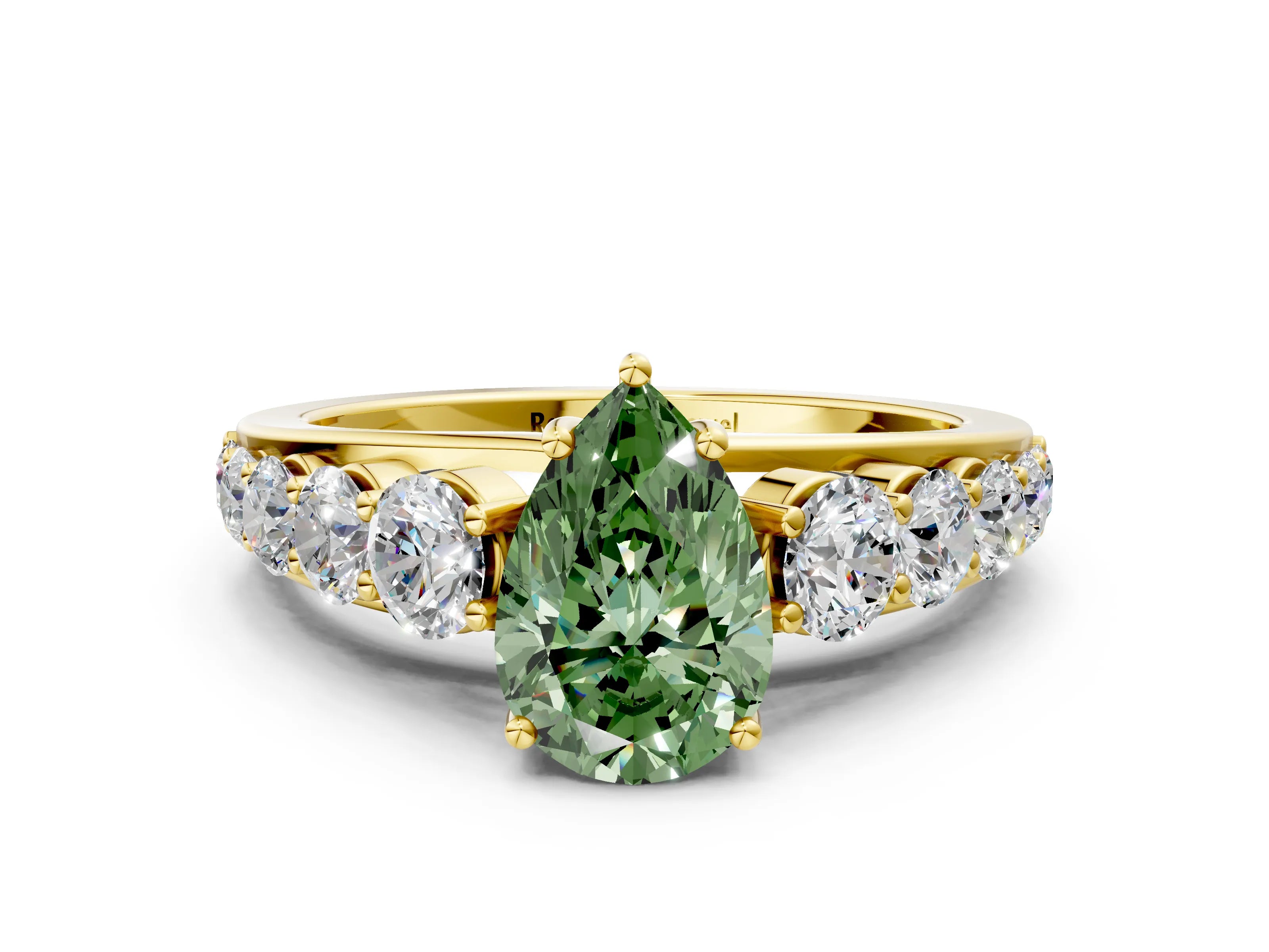 Yellow gold Fancy Green Pear Cut Brilliant Diamond Pavé Band with Six-Prong Setting