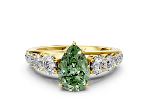 Yellow gold Fancy Green Pear Cut Brilliant Diamond Pavé Band with Six-Prong Setting
