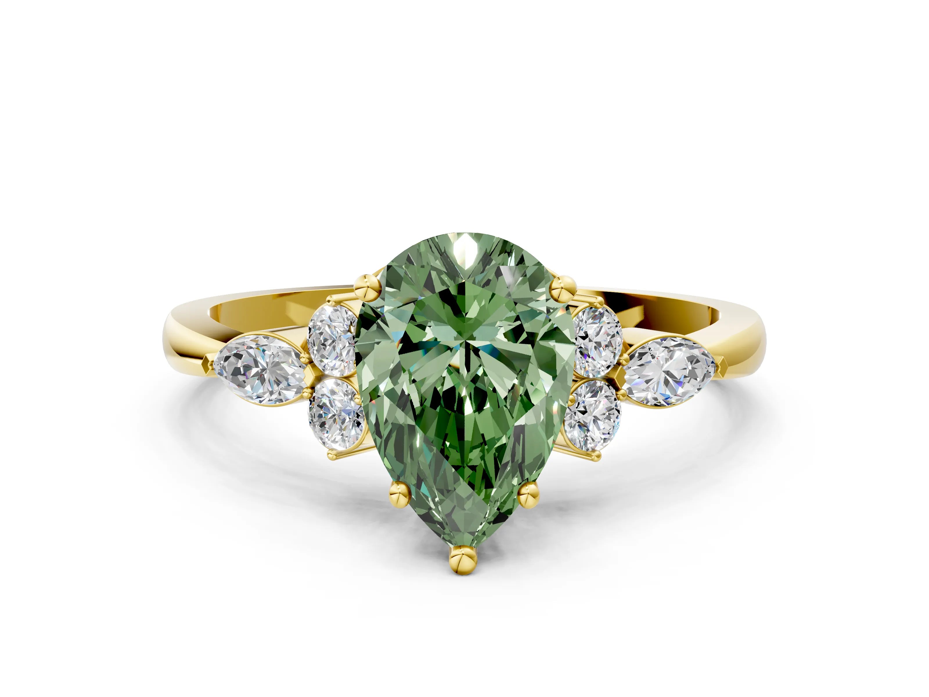 Yellow gold Fancy Green Pear Cut Brilliant Diamond Solitaire Ring with Pear Side Stones and Four-Prong Setting_3
