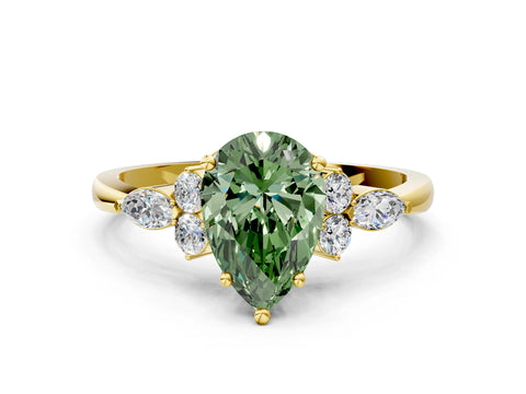 Yellow gold Fancy Green Pear Cut Brilliant Diamond Solitaire Ring with Pear Side Stones and Four-Prong Setting_3
