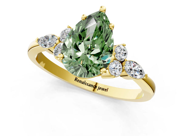 Yellow gold Fancy Green Pear Cut Brilliant Diamond Solitaire Ring with Pear Side Stones and Four-Prong Setting