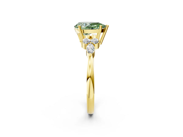 Yellow gold Fancy Green Pear Cut Brilliant Diamond Solitaire Ring with Pear Side Stones and Four-Prong Setting