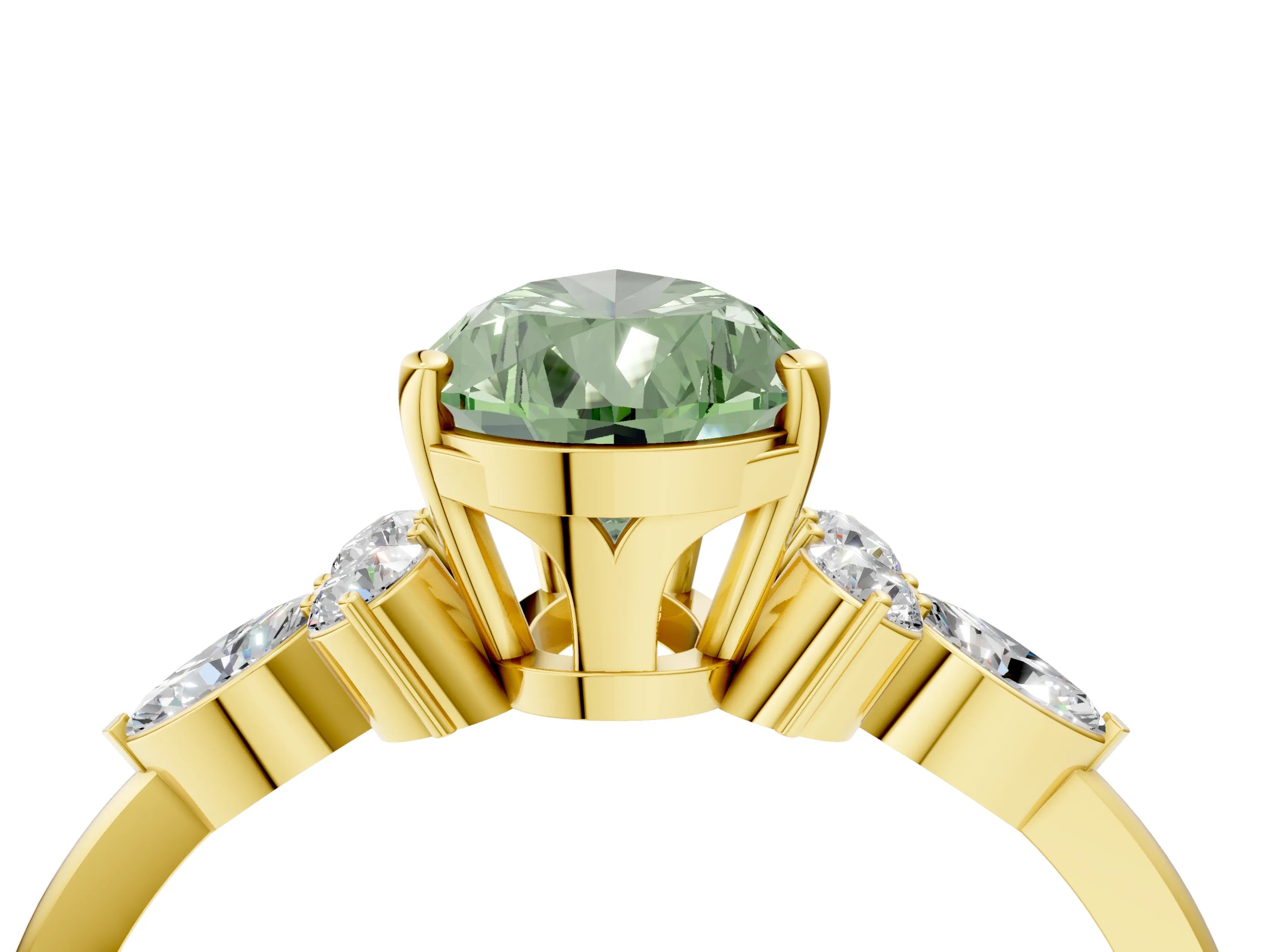 Yellow gold Fancy Green Pear Cut Brilliant Diamond Solitaire Ring with Pear Side Stones and Four-Prong Setting_7