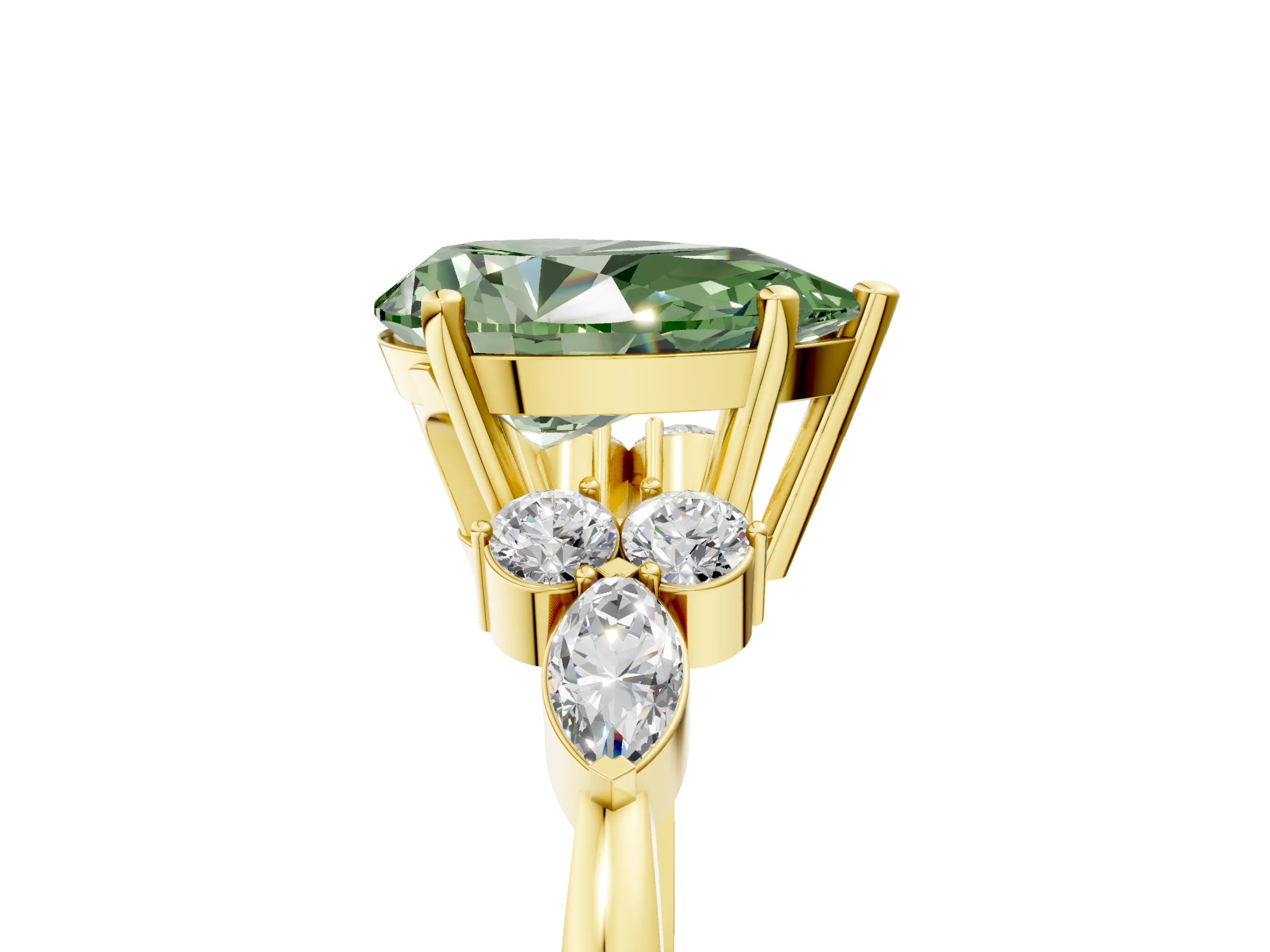 Yellow gold Fancy Green Pear Cut Brilliant Diamond Solitaire Ring with Pear Side Stones and Four-Prong Setting_8