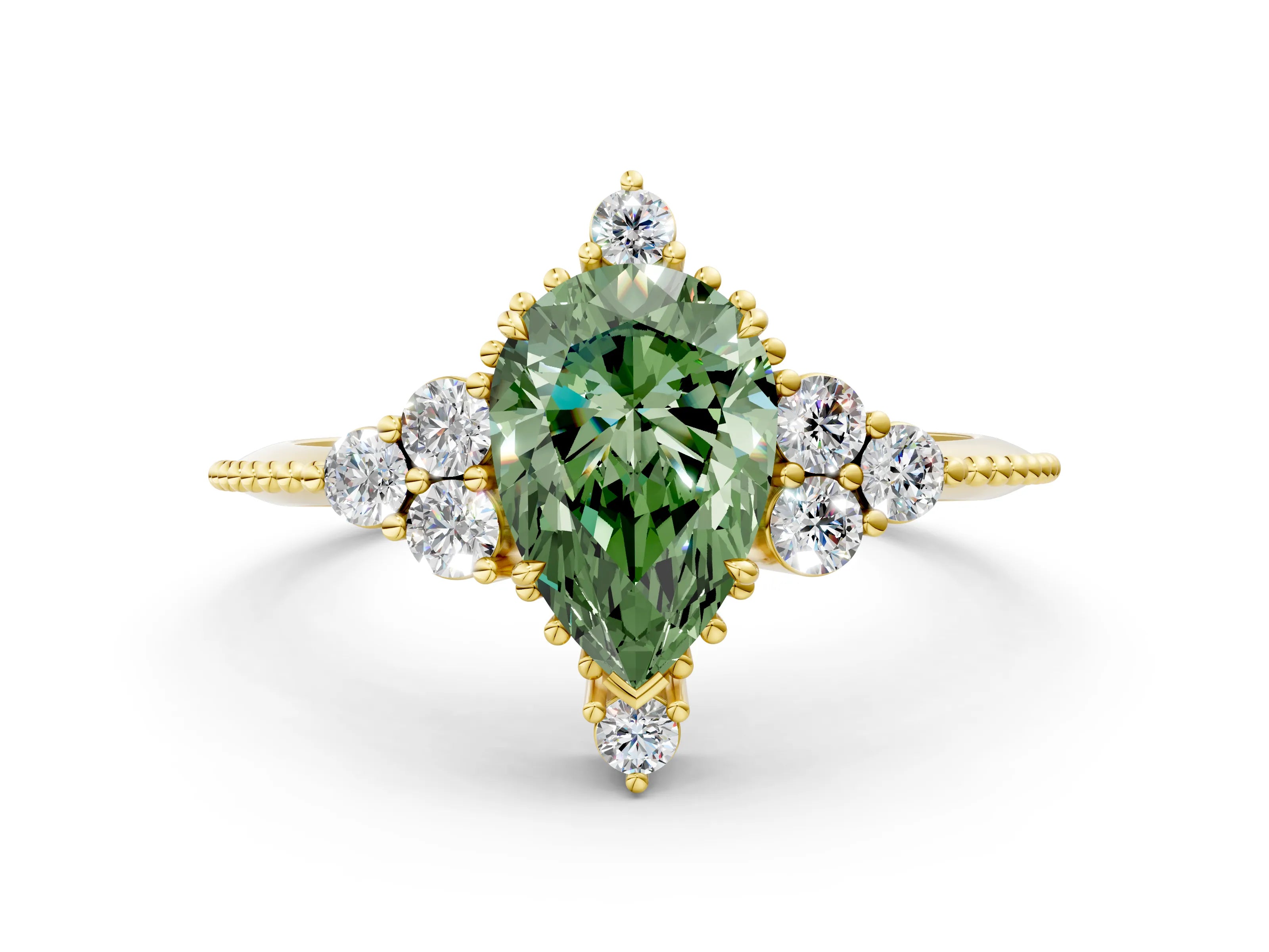 Yellow gold Fancy Green Pear Cut Brilliant Diamond with Cluster Setting on a Beaded Band and Four-Prong Setting