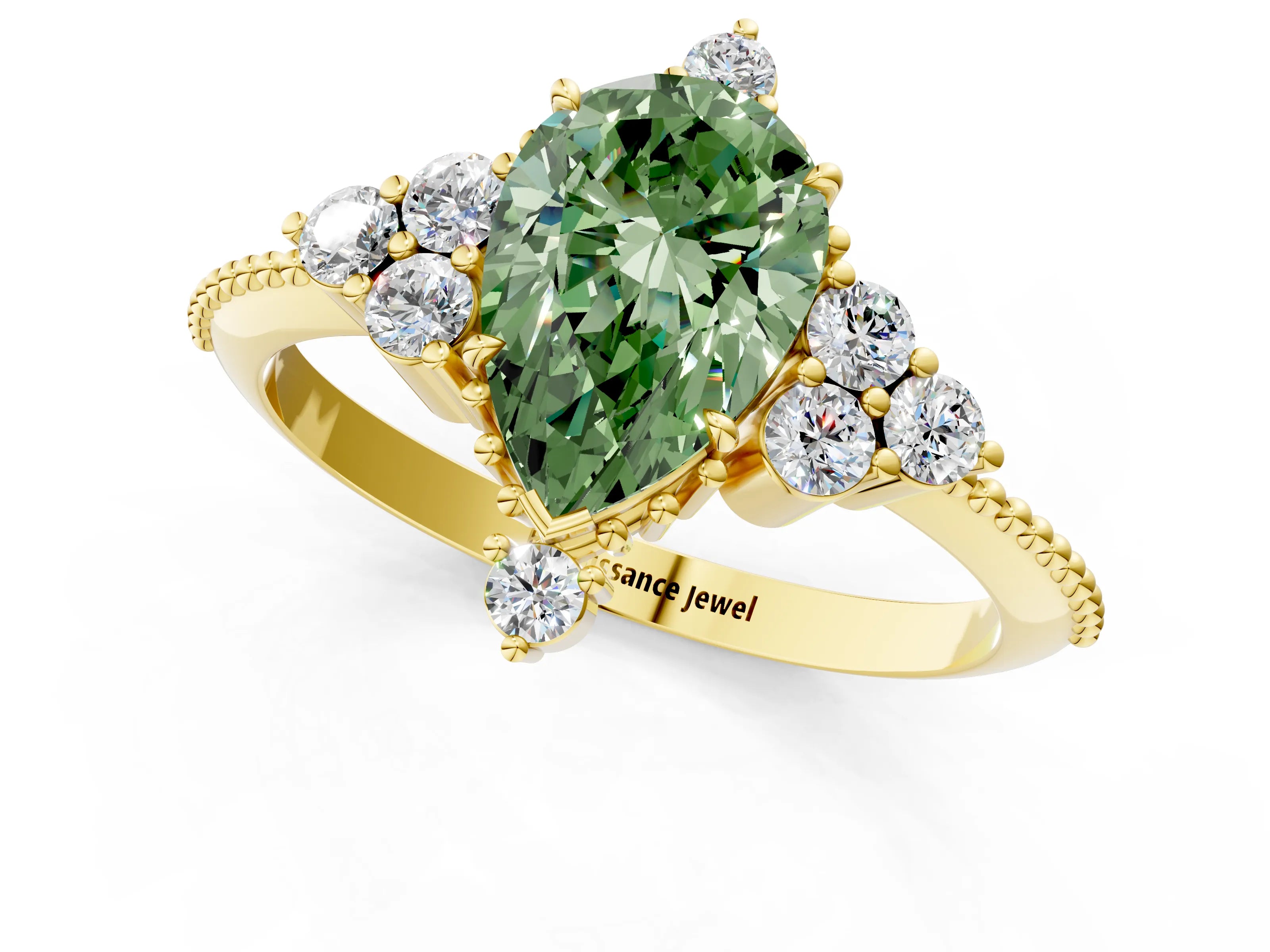 Yellow gold Fancy Green Pear Cut Brilliant Diamond with Cluster Setting on a Beaded Band and Four-Prong Setting_1