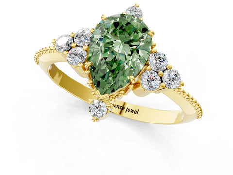 Yellow gold Fancy Green Pear Cut Brilliant Diamond with Cluster Setting on a Beaded Band and Four-Prong Setting_1