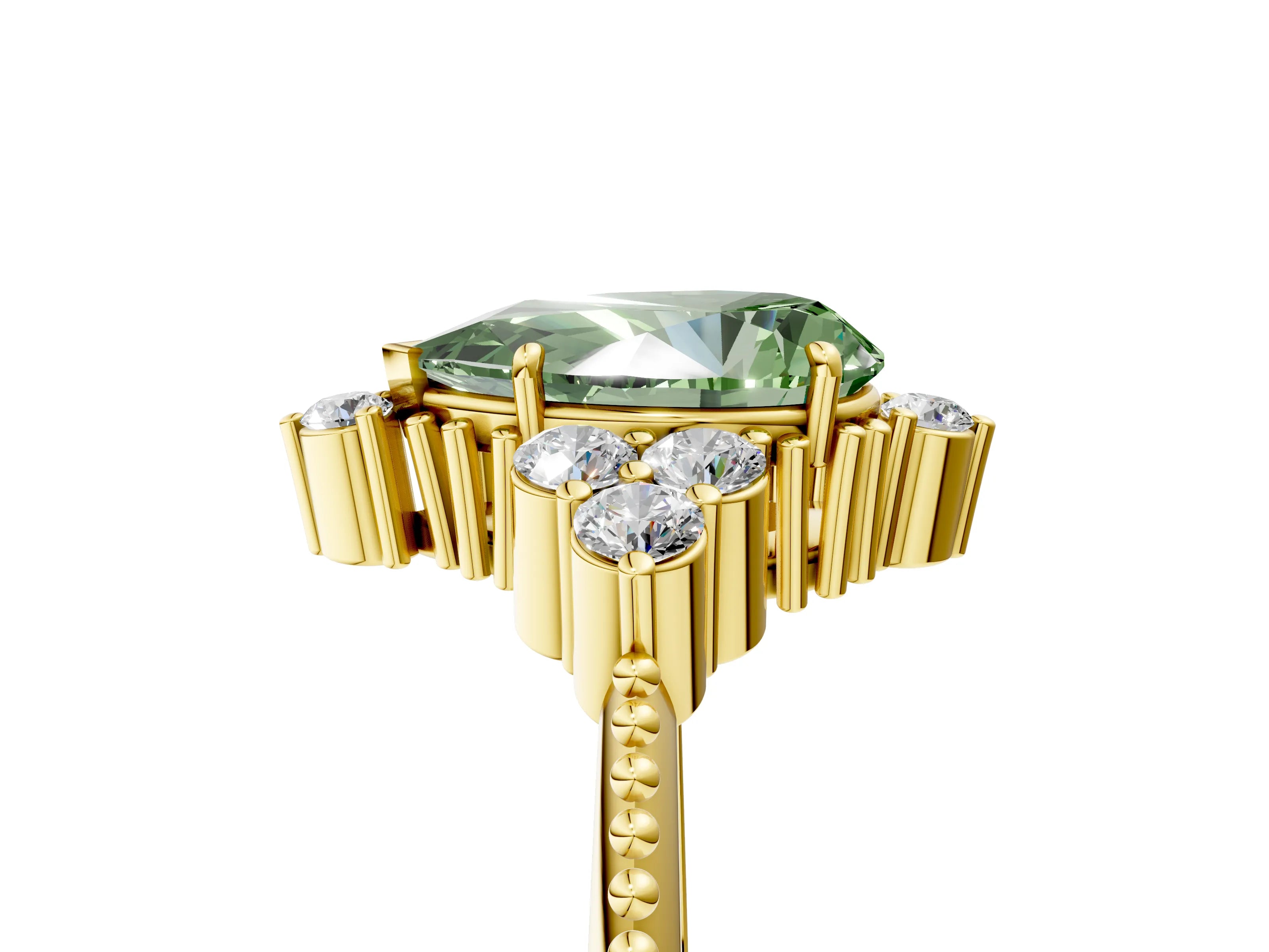Yellow gold Fancy Green Pear Cut Brilliant Diamond with Cluster Setting on a Beaded Band and Four-Prong Setting_5