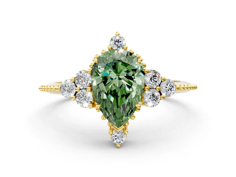 Yellow gold Fancy Green Pear Cut Brilliant Diamond with Cluster Setting on a Beaded Band and Four-Prong Setting