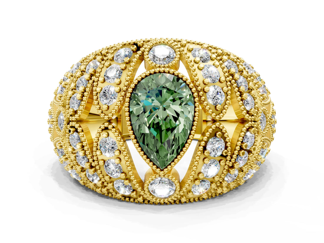 Yellow gold Fancy Green Pear Cut Brilliant Halo Pave Diamond Milgrain Ring