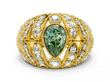 Yellow gold Fancy Green Pear Cut Brilliant Halo Pave Diamond Milgrain Ring