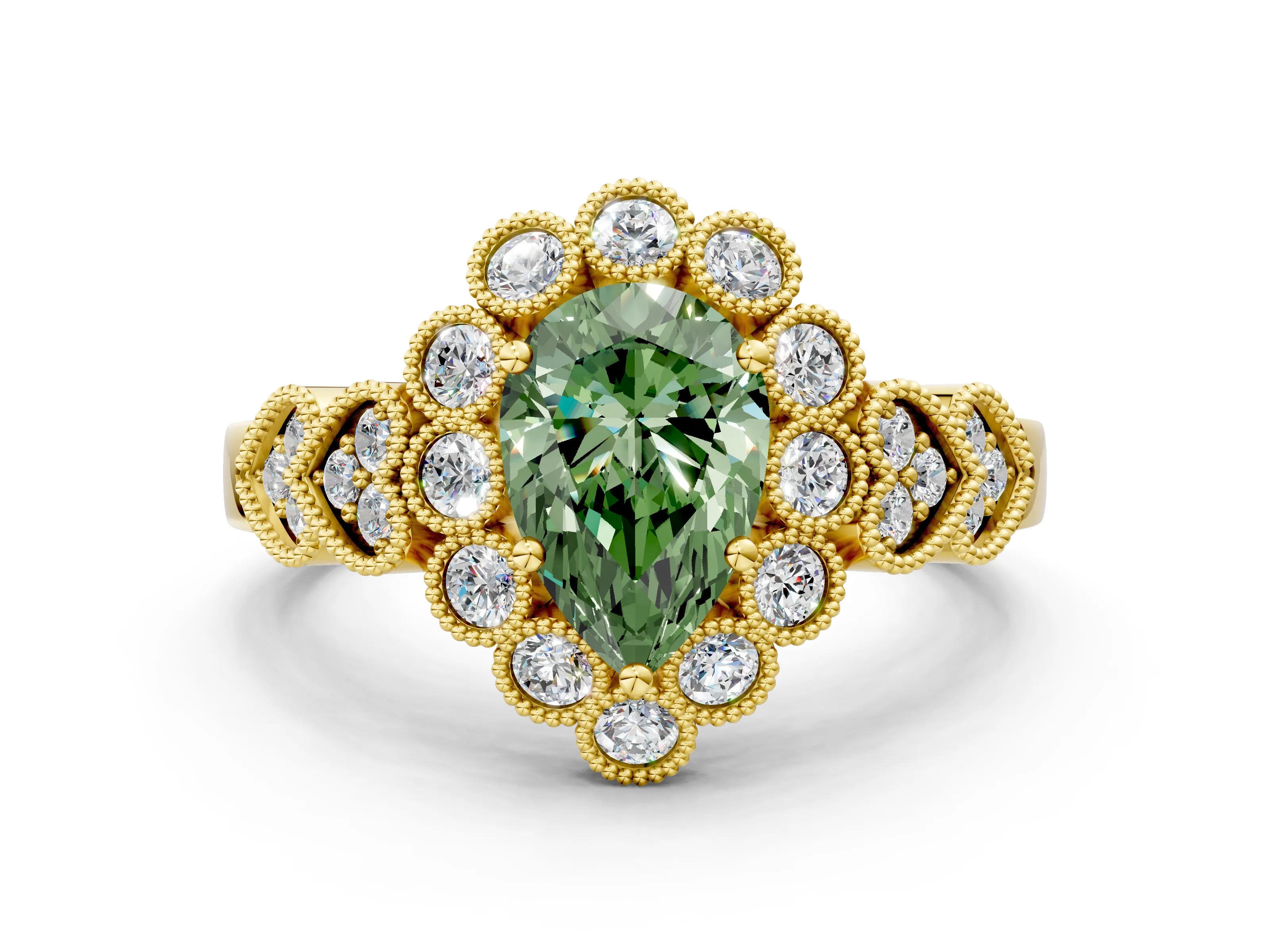 Yellow gold Fancy Green Pear Cut Brilliant Milgrain Pave Heart Band Solitaire Ring