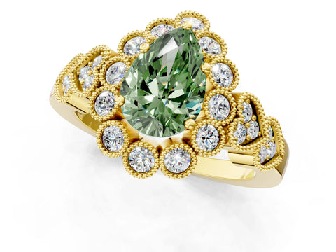 Yellow gold Fancy Green Pear Cut Brilliant Milgrain Pave Heart Band Solitaire Ring_1