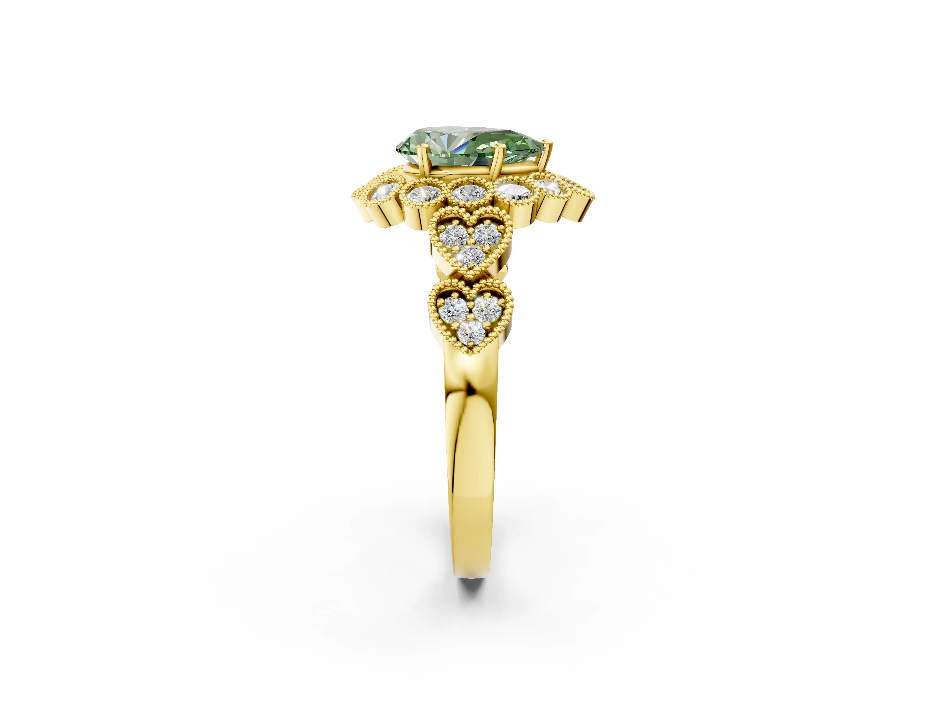 Yellow gold Fancy Green Pear Cut Brilliant Milgrain Pave Heart Band Solitaire Ring_2