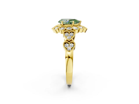 Yellow gold Fancy Green Pear Cut Brilliant Milgrain Pave Heart Band Solitaire Ring_2