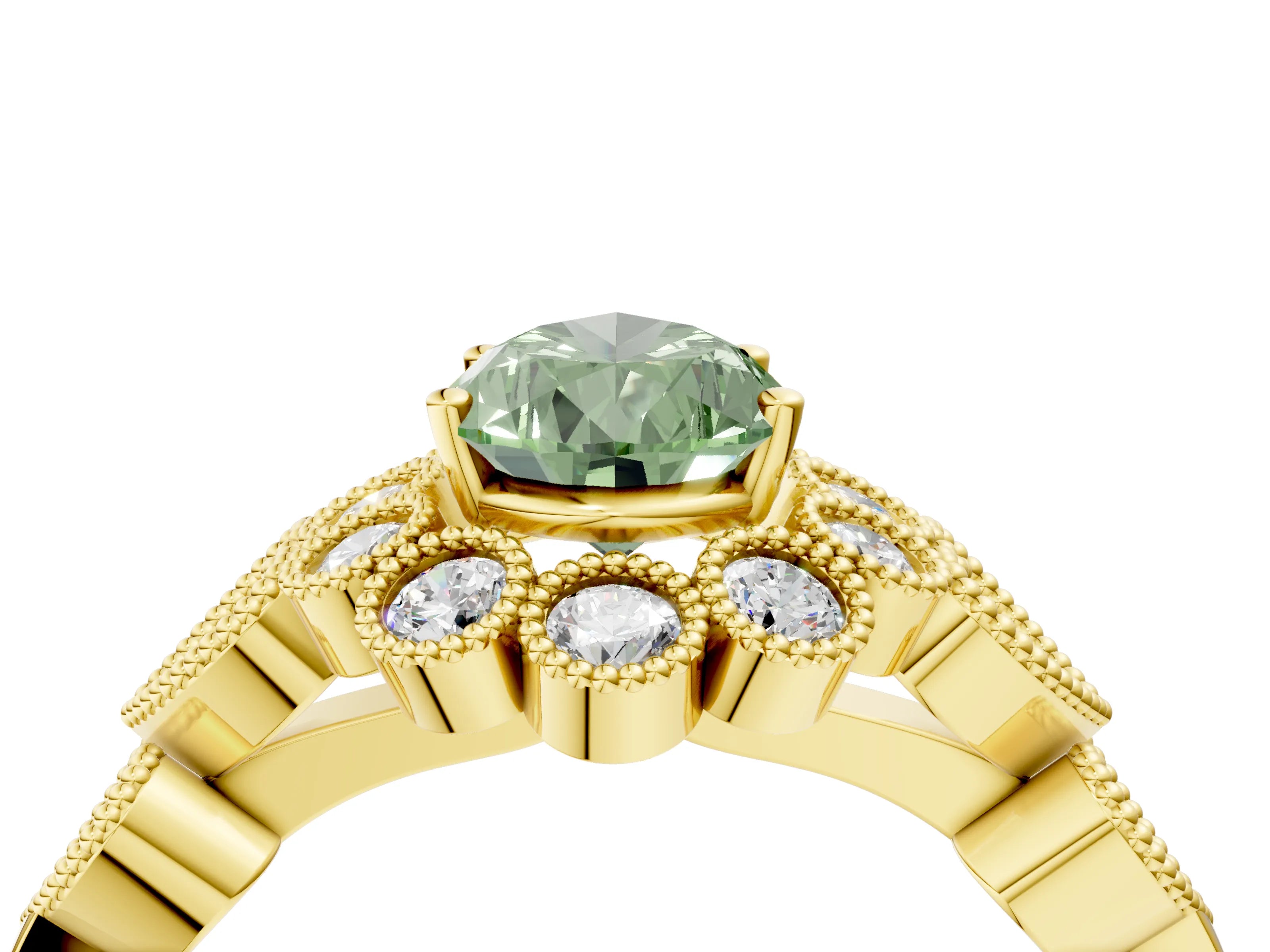 Yellow gold Fancy Green Pear Cut Brilliant Milgrain Pave Heart Band Solitaire Ring_4