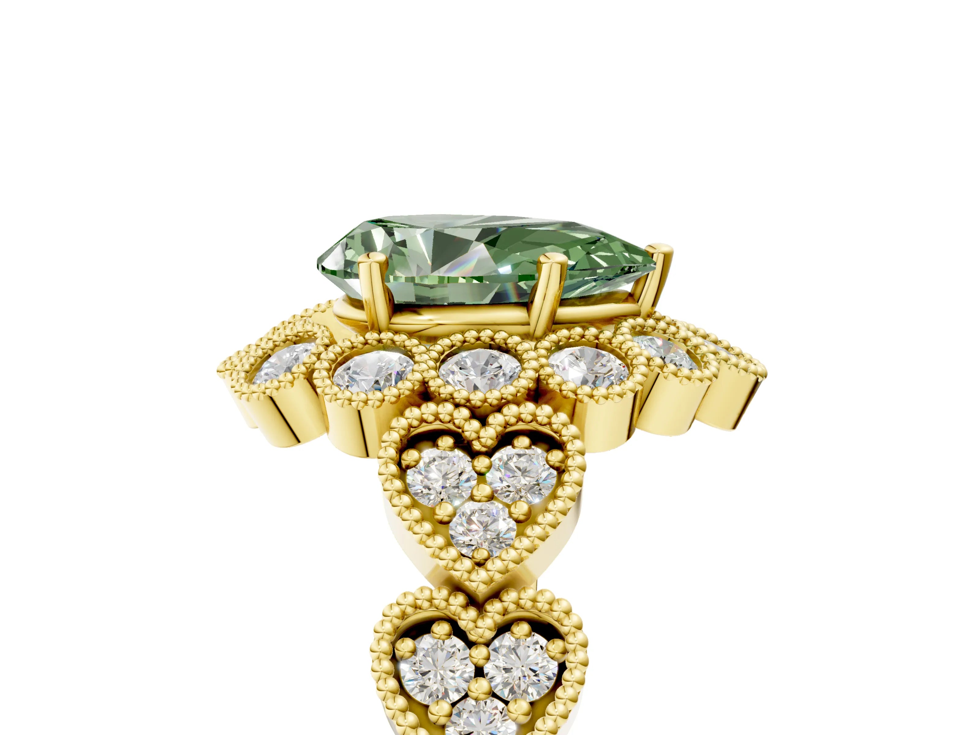 Yellow gold Fancy Green Pear Cut Brilliant Milgrain Pave Heart Band Solitaire Ring_5