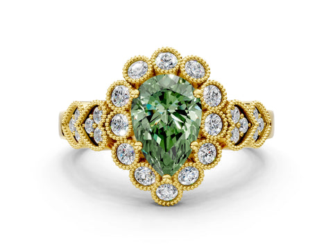 Yellow gold Fancy Green Pear Cut Brilliant Milgrain Pave Heart Band Solitaire Ring