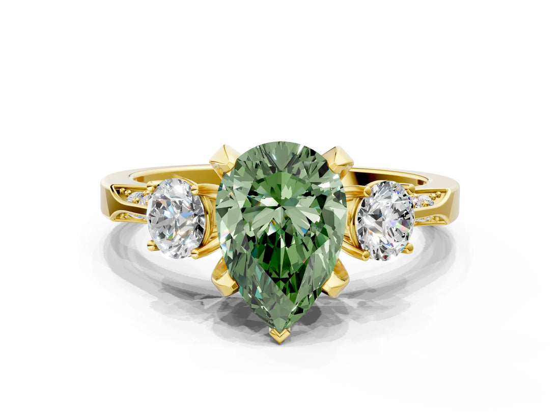 Yellow gold Fancy Green Pear Cut Brilliant Three-Stone Diamond Ring with Pavé Band and Four-Prong Setting_10