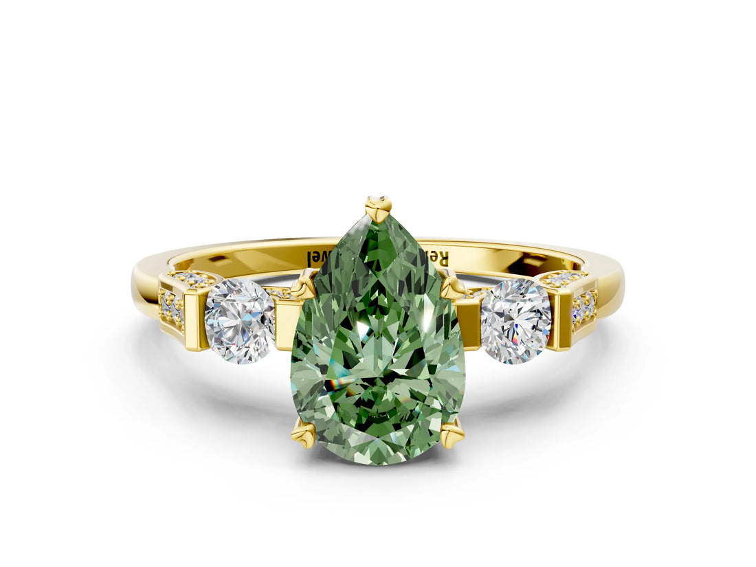 Yellow gold Fancy Green Pear Cut Brilliant Three-Stone Pave Band with Four-Prong Setting