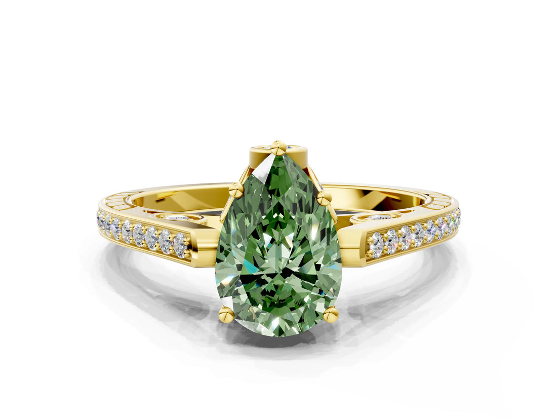 Yellow gold Fancy Green Pear  Cut Cathedral Pave Diamond Engagement Ring with Six-Prong Setting_33