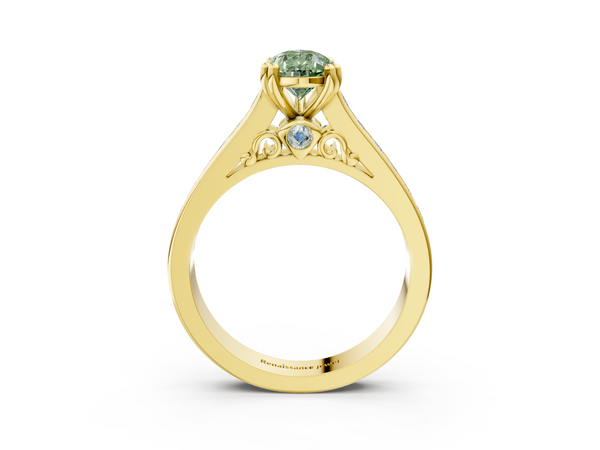Yellow Gold Pear-Shaped Channel Set Solitaire Engagement Ring Setting for Fancy Green Center with Double Claw Prongs