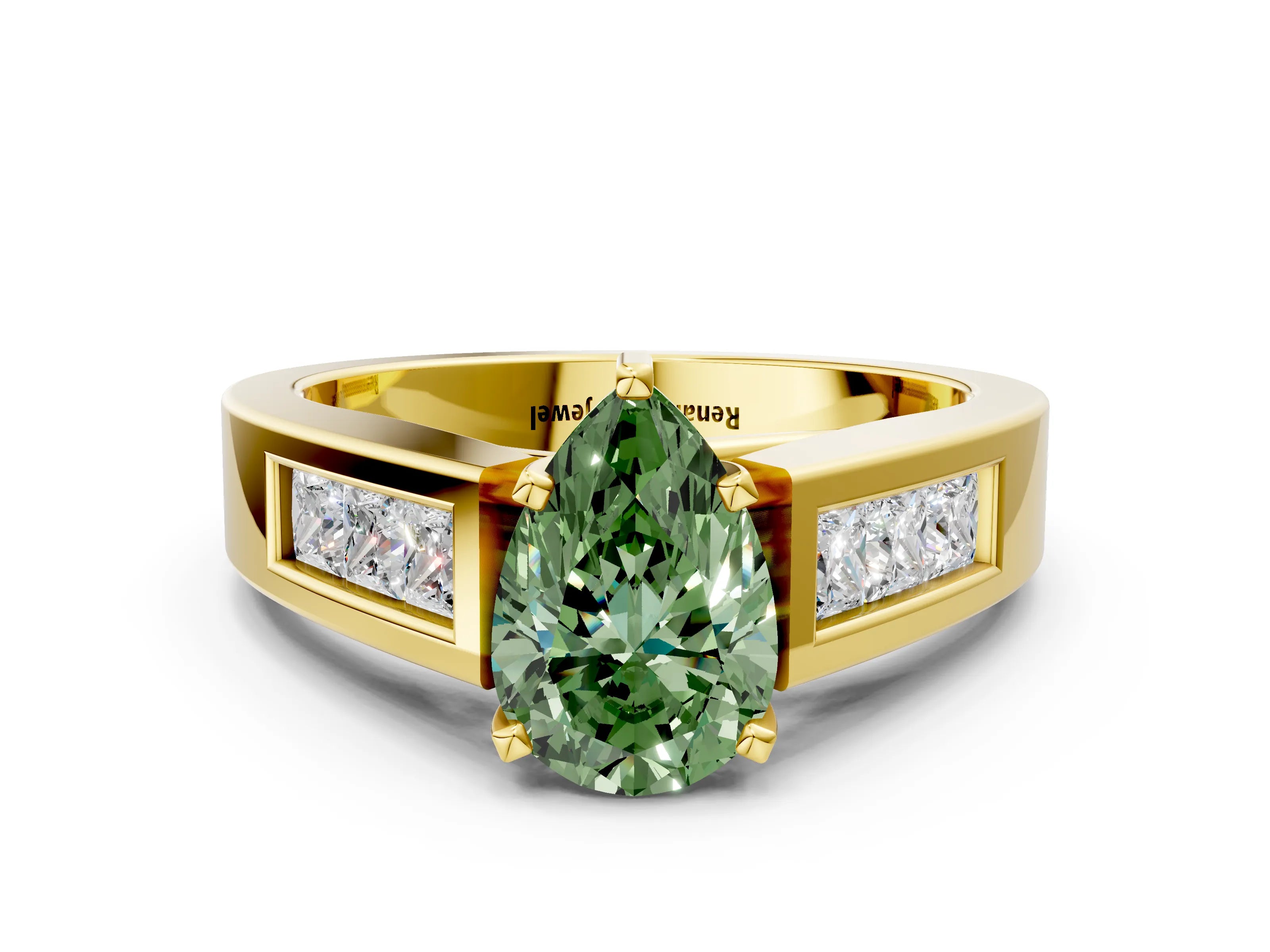 Yellow gold Fancy Green Pear Cut Cut Channel Set Solitaire Ring with Four-Prong Setting