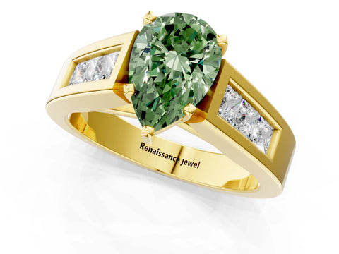 Yellow gold Fancy Green Pear Cut Cut Channel Set Solitaire Ring with Four-Prong Setting_1