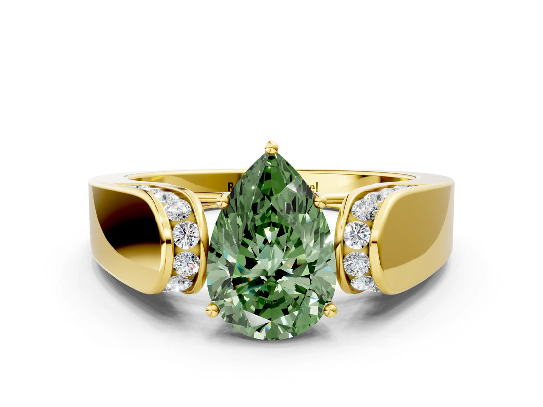 Yellow gold Fancy Green Pear Cut Cut Diamond Channel Set Solitaire Ring with Four-Prong Setting