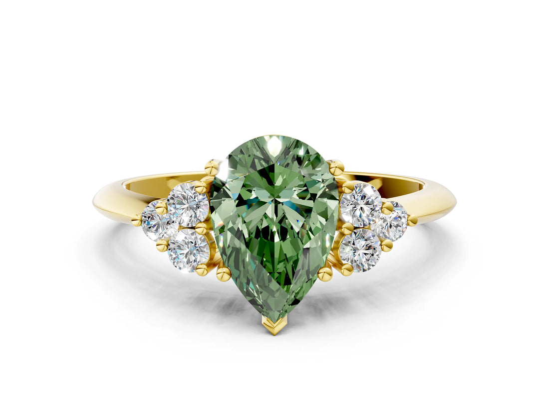 Yellow gold Fancy Green Pear Cut Cut Diamond Cluster Ring with Solitaire Band and Four-Prong Setting_12