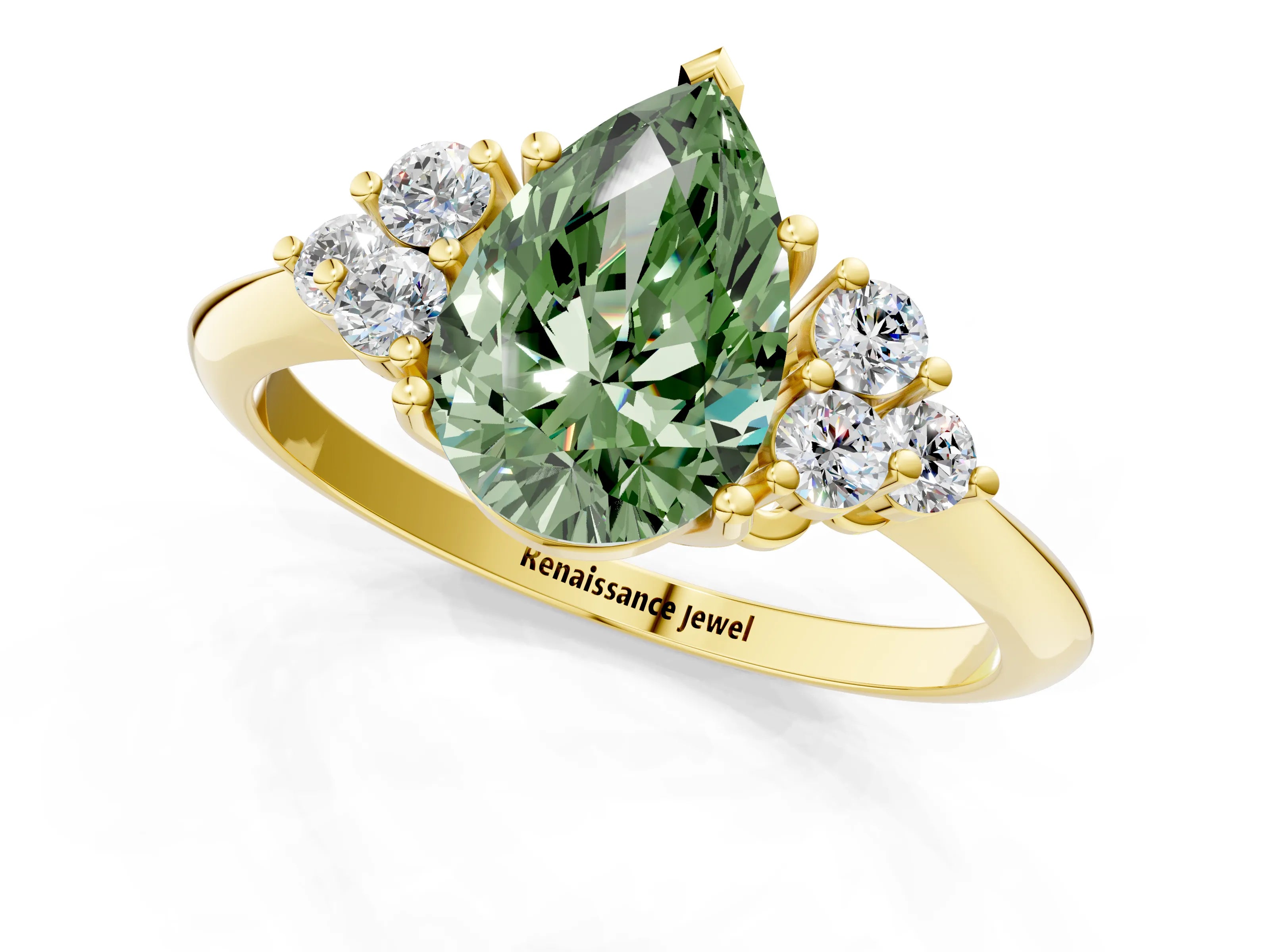 Yellow gold Fancy Green Pear Cut Cut Diamond Cluster Ring with Solitaire Band and Four-Prong Setting_13
