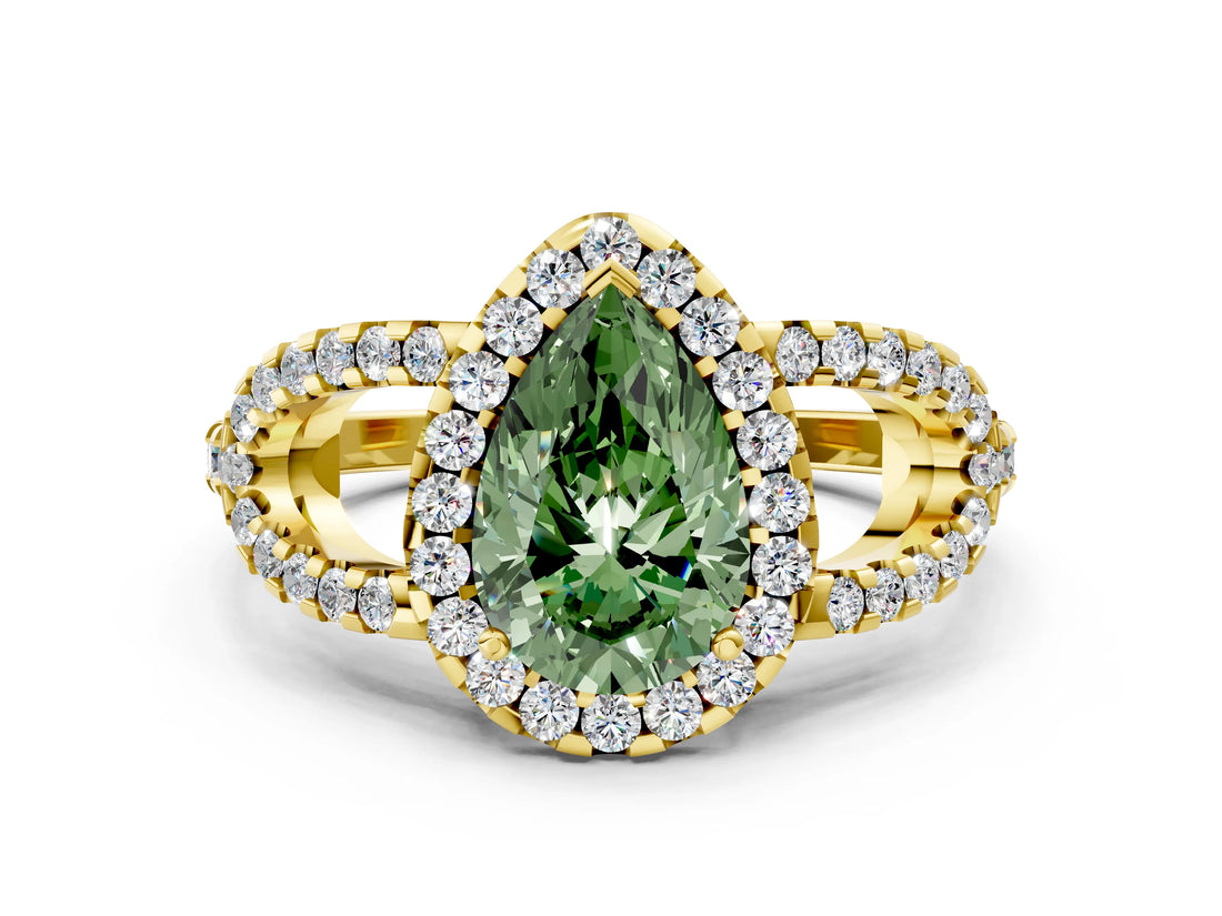 Yellow gold Fancy Green Pear Cut Cut Diamond Halo Engagement Ring with Open Split Pavé Band