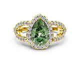 Yellow gold Fancy Green Pear Cut Cut Diamond Halo Engagement Ring with Open Split Pavé Band