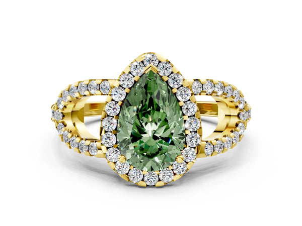 Yellow Gold Pear-Shaped Split Shank Pave Halo Engagement Ring Setting for Fancy Green Center