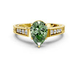Yellow gold Fancy Green Pear Cut Cut Diamond Milgrain Pave Band Four-Prong Setting Ring_3