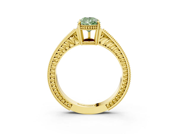 Yellow gold Fancy Green Pear Cut Cut Diamond Milgrain Pave Band Four-Prong Setting Ring