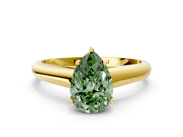 Yellow gold Fancy Green Pear Cut Cut Diamond Solitaire Engagement Ring with Tapered Plain Band and Four-Prong Setting