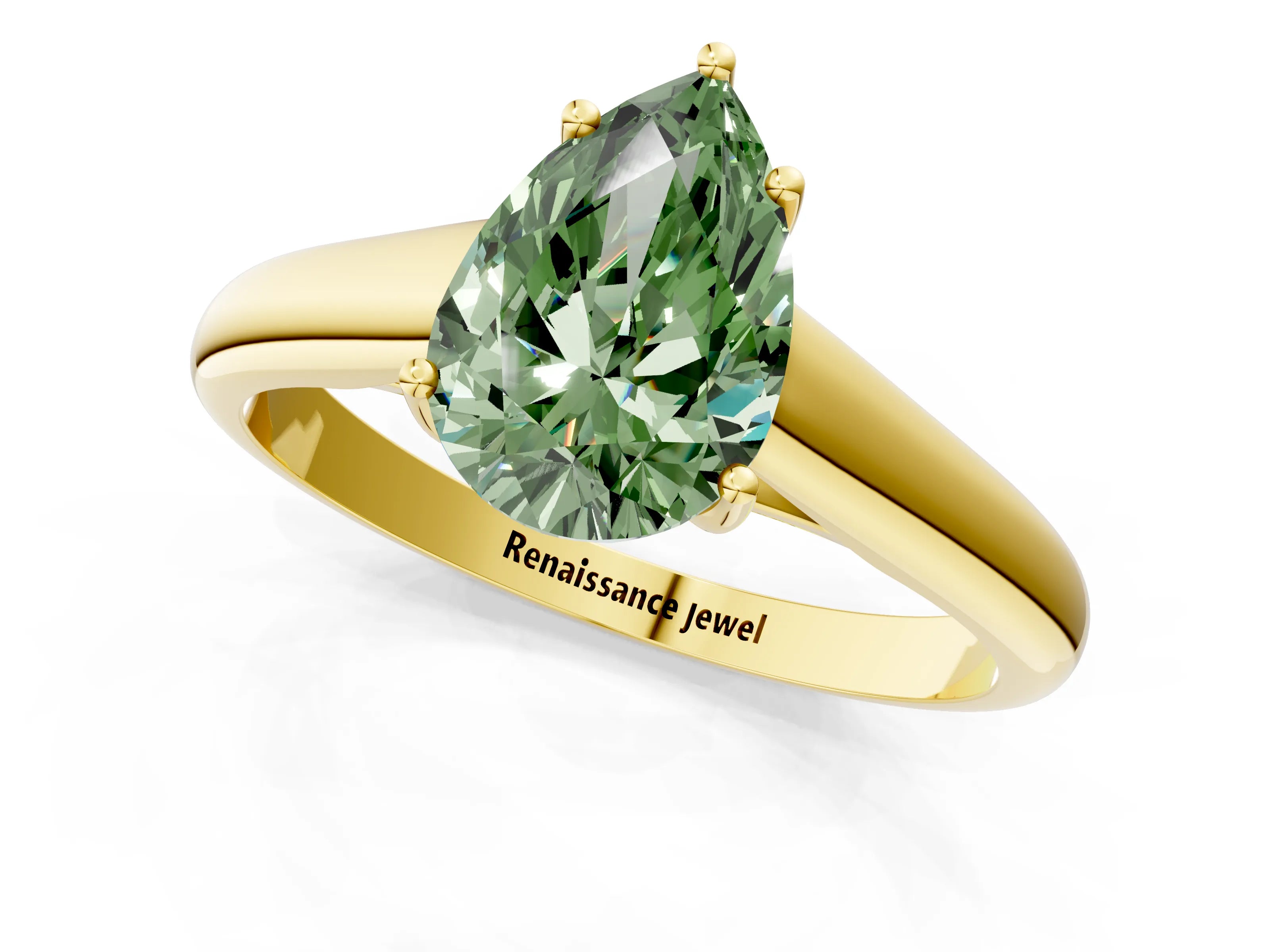 Yellow gold Fancy Green Pear Cut Cut Diamond Solitaire Engagement Ring with Tapered Plain Band and Four-Prong Setting_1
