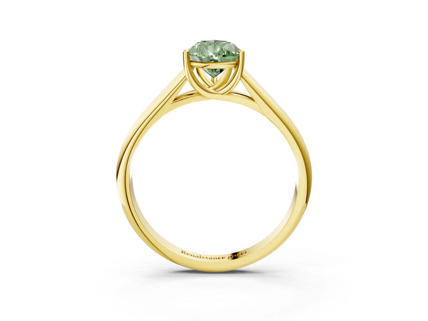 Yellow gold Fancy Green Pear Cut Cut Diamond Solitaire Engagement Ring with Tapered Plain Band and Four-Prong Setting