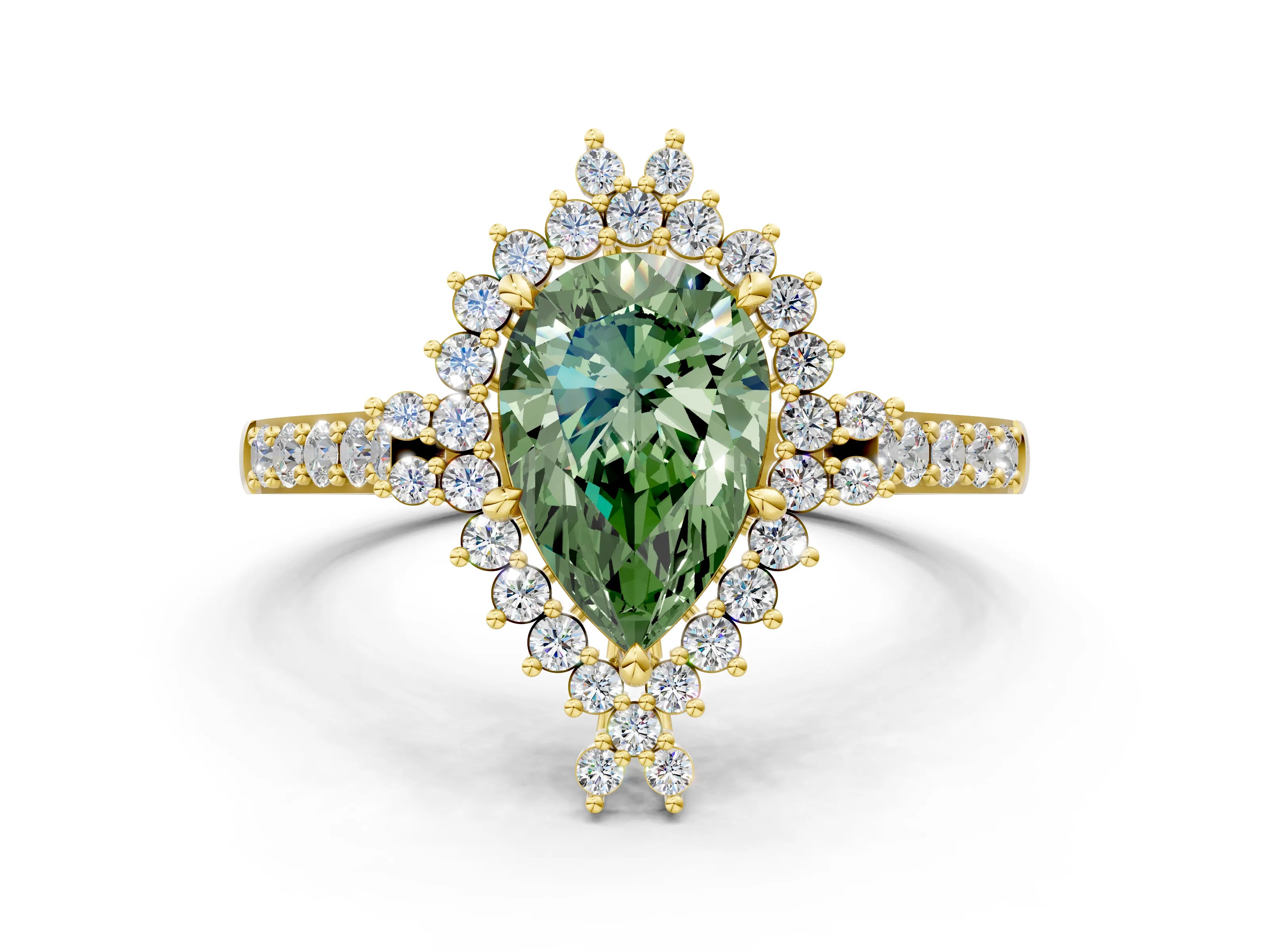 Yellow gold Fancy Green Pear Cut Cut Diamond Sunburst Halo Engagement Ring with Pavé Band