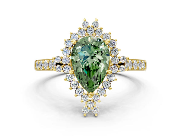 Yellow gold Fancy Green Pear Cut Cut Diamond Sunburst Halo Engagement Ring with Pavé Band