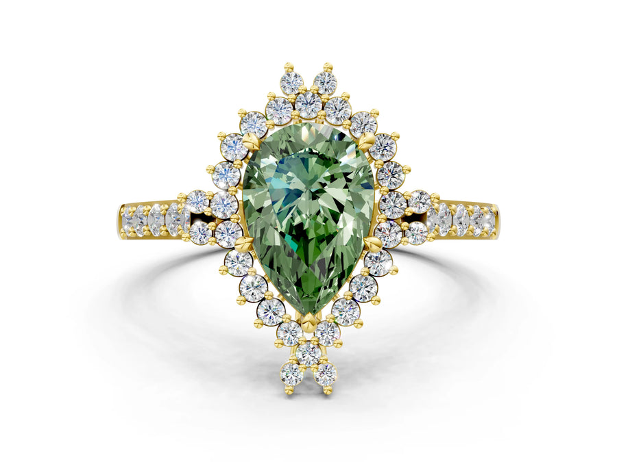 Yellow gold Fancy Green Pear Cut Cut Diamond Sunburst Halo Engagement Ring with Pavé Band