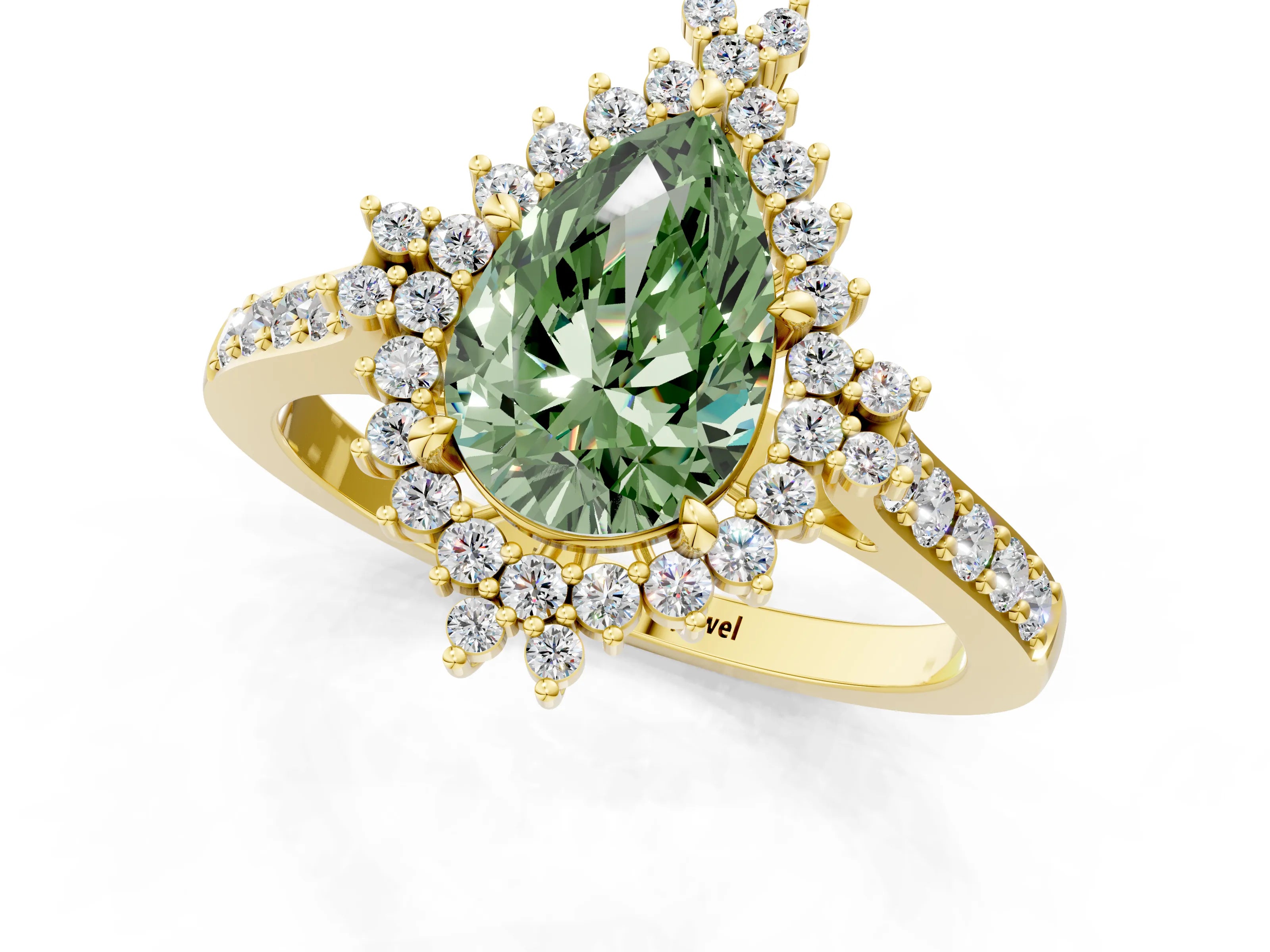 Yellow gold Fancy Green Pear Cut Cut Diamond Sunburst Halo Engagement Ring with Pavé Band_1