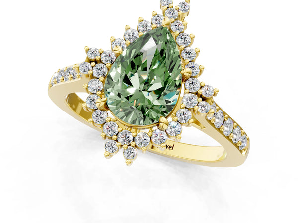 Yellow gold Fancy Green Pear Cut Cut Diamond Sunburst Halo Engagement Ring with Pavé Band