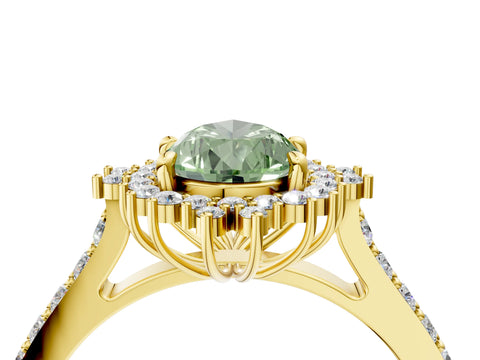 Yellow gold Fancy Green Pear Cut Cut Diamond Sunburst Halo Engagement Ring with Pavé Band_4